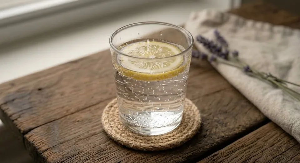 A glass of sparkling lemon water on a woven coaster